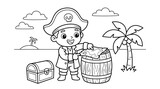 Cartoon pirate boy searching treasure chest