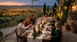 © Niju - An elegant outdoor dinner party with close friends enjoying glasses of wine amidst a gorgeous tuscan landscape during a vibrant sunset glow