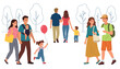 © MEHERUL - PrintHappy diverse families walking in public city park, people stroll with children, trees, balloons, summer, vacation.