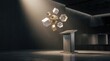 © rezaul4022 - Minimal podium with floating geometric cubes in a dark conference hall
