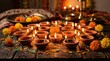 © rezaul4022 - Diwali diya lamps with marigold flowers on a rustic wooden table background