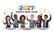 © AN DESIGN - Diverse business team celebrating Happy New Year 2027 with champagne glasses and colorful party confetti.