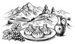 © AnjaliDesai - Georgian khinkali dumplings and wine jug against mountain church in vintage engraving style