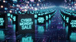 © Mirivox - Black shopping bags with neon 'Cyber Monday Sale' text glow against a futuristic, blurred cityscape, symbolizing online shopping and digital commerce