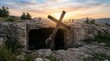 © FryArt - Person carrying wooden cross emerging from rocky tomb at sunrise