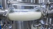 © kitti - a stainless steel industrial food processing pipeline with a transparent glass section showing flowing white liquid milk.