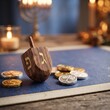 © GALKI - A wooden dreidel, adorned with Hebrew letters, rests on a blue surface alongside chocolate coins, illuminated by the gentle glow of menorah candles, evoking a warm and festive Hanukkah celebration.