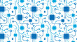 © Karla - Seamless tileable vector pattern of blue and cyan circuit board traces with microchips and connection nodes on white background for digital technology electronics innovation design concept