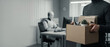 © Jai Izzam - Faceless employee packing cardboard box looking at robotic artificial intelligence taking over corporate desk job
