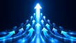© King Stock - Central glowing blue arrow leading others upwards indicating corporate leadership strategic direction and unified business growth