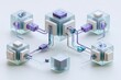 © rinrada - Conceptual 3D illustration of coordinated AI agents working together, one slightly elevated central orchestration core linked to four smaller specialized processing modules arranged in a semicircle,