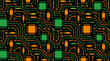 © nabiulislam - Seamless tileable technology pattern of bright orange and green digital circuit traces, microchips and capacitors on a solid black background, electronic hardware flat vector design