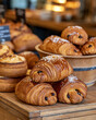 © Tetyana - Freshly baked pain au chocolat pastries stacked on a rustic wooden counter inside a french bakery, offering tempting sweet breakfast and dessert options