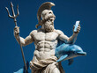 © miss irine - Ancient Greek god Poseidon marble statue holds trident, blue dolphin. Mythical deity carries modern smartphone in hand against clear blue sky. Classical sculpture shows powerful sea king using mobile