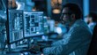 © Meesunal - Computer Data Analysis: A man wearing glasses intently studies complex data displayed on multiple computer monitors in a dimly lit, high-tech office environment.