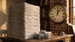 © Inspire Shots Hub - Stack of paper and crumpled papers on desk with vintage clock, symbolizing work, study, and the passage of time