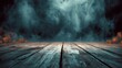 © Harry - Spooky halloween wooden table background with eerie blue smoke and pumpkins casting eerie shadows for seasonal celebrations