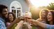 © Kentmare - Joyful Friends Toasting Diverse group of people clinking red wine glasses in a sunny backyard during golden hour ideal for lifestyle blogs, winery advertisements, and social gathering promotions.