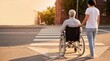 © Tina - A caregiver assists a senior man in a wheelchair crossing a city street at a marked crosswalk during golden hour. The scene captures a moment of care and accessibility in an urban setting with...