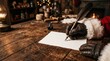 © AspctStyle - Santa Claus hands in leather gloves writing a letter with a quill pen on a rustic wooden desk, capturing traditional Christmas workshop atmosphere for holiday greeting card design and marketing.