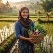 © Safitri - A smiling Indonesian woman holding a basket of fresh organic vegetables in a rural rice field.
