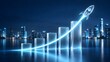 © abdul studio - Transparent glowing rocket launching over a digital business graph and modern city skyline representing startup success and rapid growth