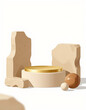 © fotoluigi868 - generate photorealistic image beige podium gold top positioned center composition surrounded sandstone