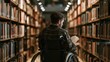 © 69 - Young man in wheelchair reading a book focused and engaged between shelves in quiet and spacious library with warm lighting atmosphere