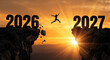 © Irhama - New Year 2027 concept with man jumping from 2026 to 2027 cliff, silhouette of person leaping over mountain gap at sunset, future goal achievement