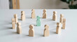© Dudu - Green wooden figurine acting as central focal point linked to surrounding human shaped pegs illustrating team management.