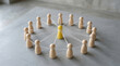 © Dudu - Wooden tokens arranged in circle linked by white threads to yellow central leader figure for decentralized network management.