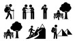 © swadhin - Hiking and Travel Stick Figure Icon Set, Black Vector Pictogram Collection, Outdoor Adventure Activity Symbols