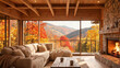 © Tina - Cozy cabin living room with roaring fireplace and stunning autumn mountain view, fall backdrop, virtual meeting background, ms teams background, zoom meeting backdrop, digital meeting background