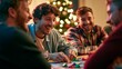© World of AI - Friends smiling and playing a board game around a table with colorful pieces, drinks, and a decorated Christmas tree in a warmly lit indoor setting