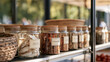 © AnastasiiaRozhmanova - A vibrant outdoor market stall displaying forensic biology specimen jars balanced precariously on a folding shelf edge, extreme close up texture of labeled glass catching