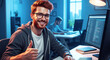 © Mirivox - Man with ginger hair and beard in glasses, smiling and giving a thumbs up while working on a computer, representing productivity and success in technology.