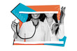 © deagreez - Composite photo collage of happy girls doctor half face listen stethoscope consultation hand wear glove mask isolated on painted background