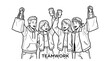 © nana - Group of happy young people celebrating teamwork sketch.
