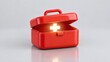 © Creative Bkr - Bright glossy red first aid kit open with a glowing medical cross symbol shining brightly inside creating a helpful healing emergency concept studio shot
