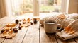 © CREATIVE KNIT DESIGN - Warm coffee mug on wooden table with autumn leaves and cozy knitted sweater in soft sunlight