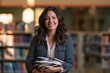 © Maryna - Portrait of a cheerful Latina educator among library shelves