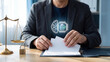 © NK - AI legal document verification and contract compliance concept, businessman holding paper files in folder with ai brain checklist for regulatory audit, policy approval and data protection