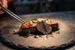 © Юра Лотоцький - Chef plating seared foie gras with black truffle slices gold leaf and microgreens on a slate plate in fine dining