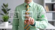 © BizTech_AI - Concept of request. Business person using virtual touch screen presses the text REQUEST. application, concept
