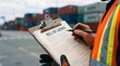 © trash - Warehouse Worker Inspecting Logistics Bill of Lading Document at a Busy Shipping Port Terminal
