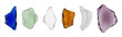 © Happy Carrot - Diverse set of broken glass fragments and smooth sea glass pebbles in blue, green, clear, amber, and purple hues shows different textures and transparencies in a neat row