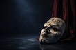 © Milan - Cracked vintage theatrical mask on a dark stage. Old broken face disguise next to a red velvet curtain. Drama and tragedy concept