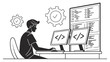 © Sihab - A young male software developer sitting at a desk and writing code on two computer monitors with gear icons representing efficiency and progress