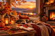 © Klaudia Florczak  - Cozy Autumn Cabin Interior with Fireplace, Sleeping Cat and Warm Knitted Blankets