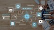 © InfiniteFlow - Innovative AI Agents Concept Depicted with Digital Icons Representing Data Processing, Communication, and Automation on a Wooden Table. Entropy.